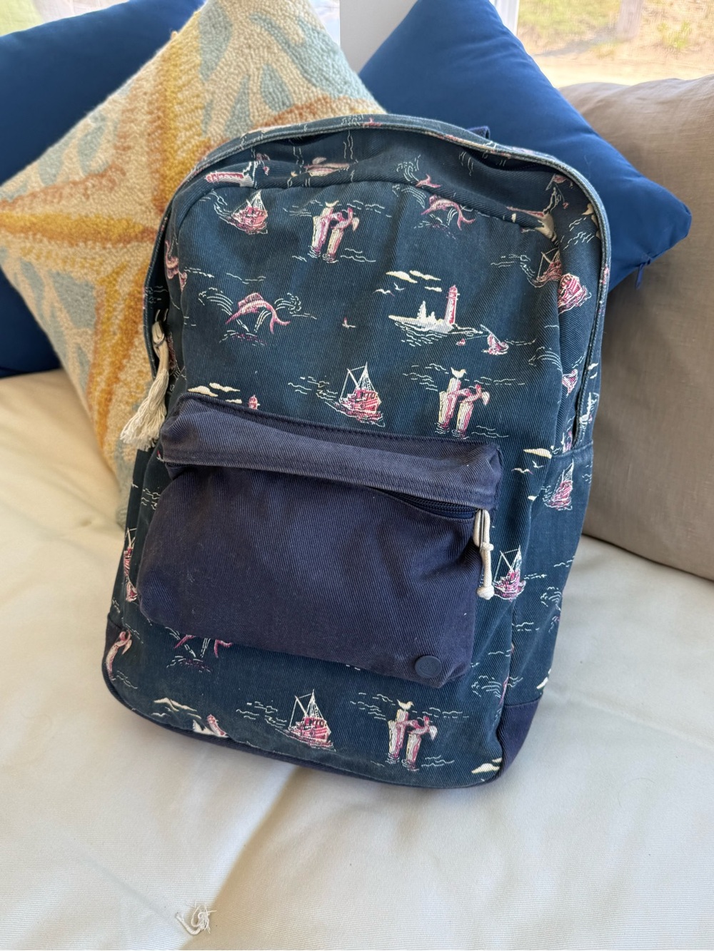 Timberland Blue Canvas Backpack with Pink and White Nautical Print